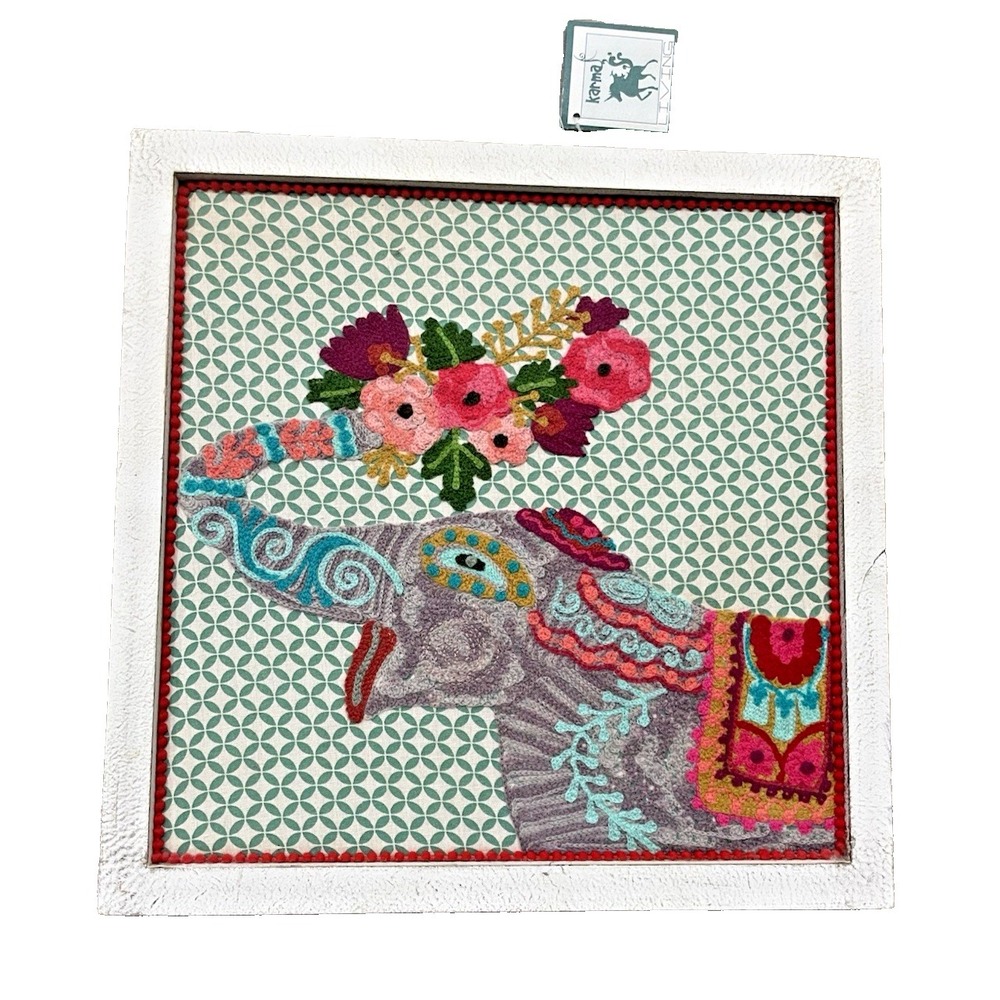 NWT Karma Living Framed Crewel Embroidery Flower Elephant 16x16" Boho Wall Art